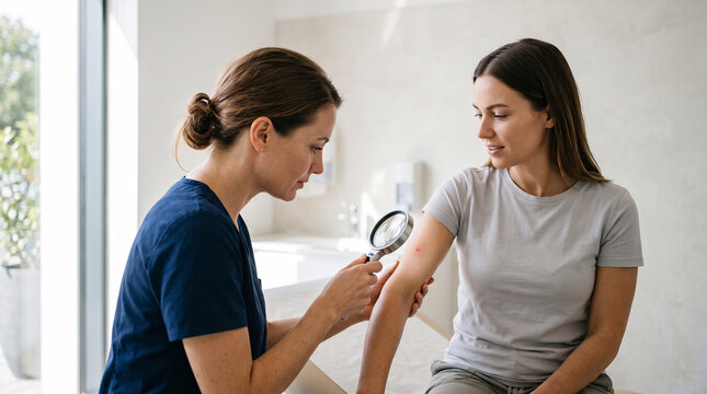 Professionnelle de sant&eacute; examinant une r&eacute;action cutan&eacute;e sur le bras d'une patiente