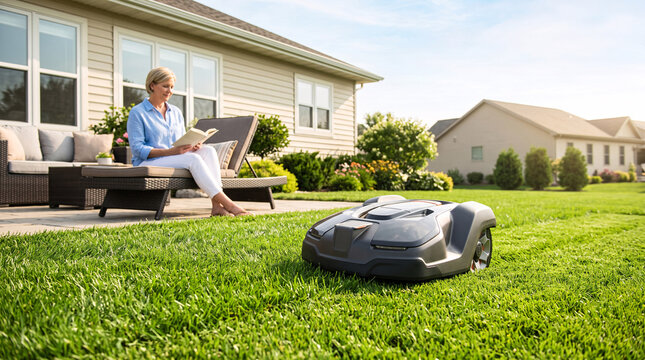 Robot tondeuse autonome entretenant une pelouse r&eacute;sidentielle