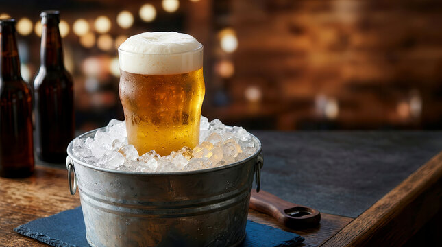 Glass of cold beer with foam in a metal bucket filled with ice cubes