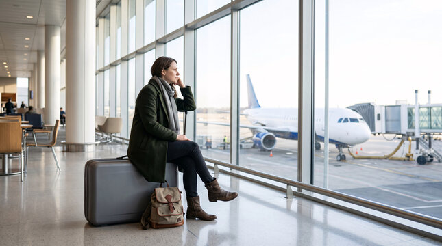 Voyageuse attendant son vol avec une valise dans un a&eacute;roport