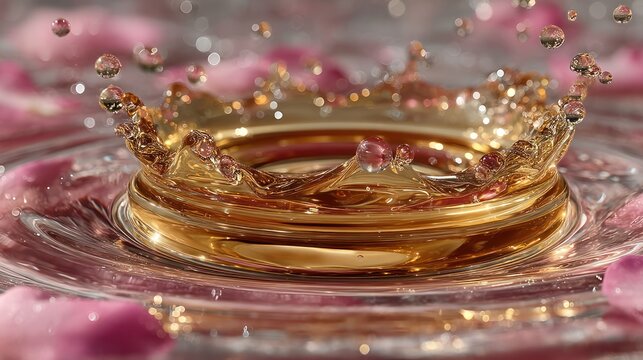 Macro shot of water creating a golden crown shape with rose petals surrounding it