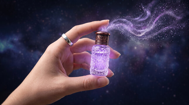 Main tenant un flacon de potion violette magique dans l&rsquo;espace