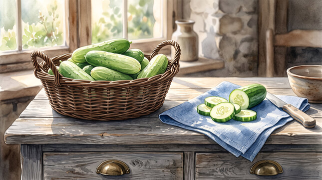 Panier de concombres frais dans une cuisine rustique en illustration