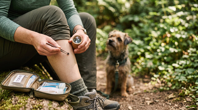 Randonneur retirant une tique de sa jambe avec une pince apr&egrave;s une promenade en for&ecirc;t