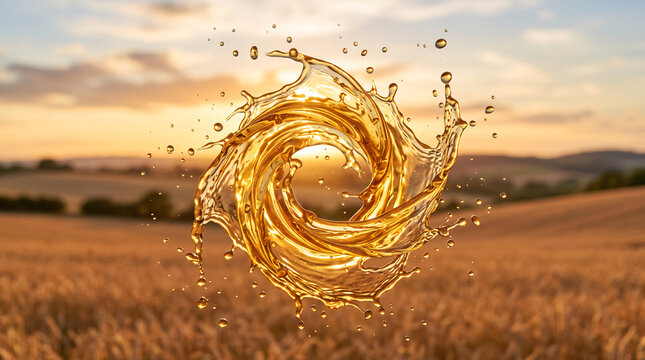 Tourbillon de liquide dor&eacute; flottant au-dessus d&rsquo;un champ au coucher du soleil
