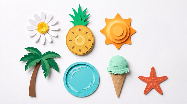 Collection d&rsquo;ic&ocirc;nes estivales color&eacute;es avec soleil, plage et glace