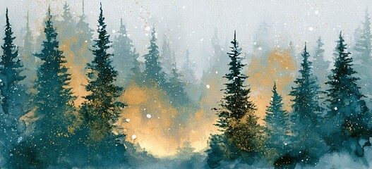 Naklejka premium Abstract watercolor forest in teal and gold, falling snow as white paint splatters, subtle glowing hearth in blurred background, copy space
