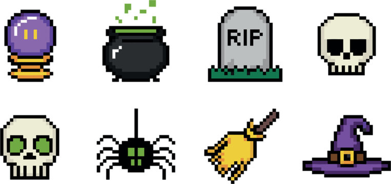 Pixel art Halloween magic icon set, 8 bit retro witch cauldron skull and graveyard vectors