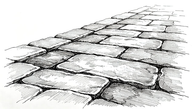 Old cobblestone road ink sketch perspective drawing