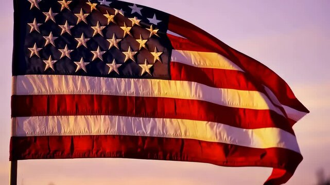 American flag waving in the wind during sunset, showcasing vibrant colors and detailed stars and stripes against a soft pastel sky backdrop