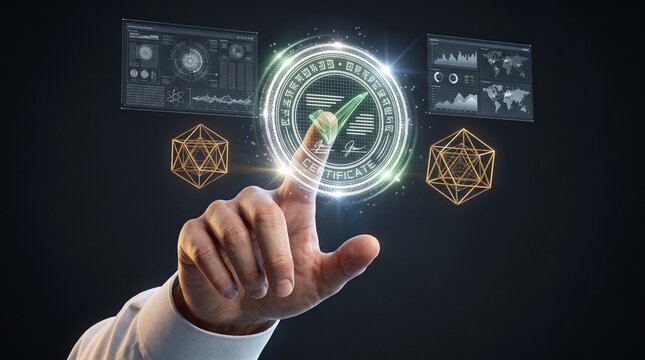 Businessman hand touches a glowing digital certificate hologram, symbolizing secure blockchain verification and smart contract approval.