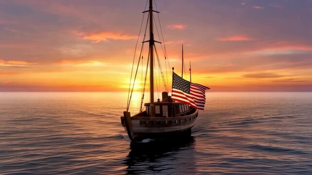 Wooden sailing boat with American flag glides across calm water at sunset, reflecting warm colors of the sky and creating a serene maritime atmosphere