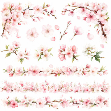 Watercolor cherry blossom borders, floral line dividers, and spring sakura elements isolated on white