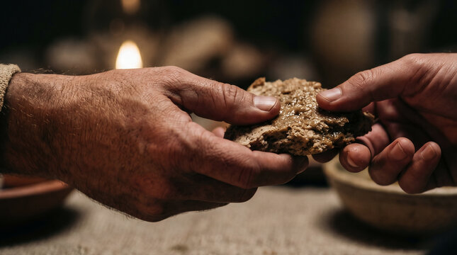 Jesus dipping a piece of bread at the Last Supper and handing it to Judas Iscariot in the dim, tense candlelight