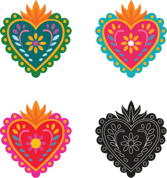 A sacred heart vector icon set illustration featuring flaming Mexican milagro hearts in multiple colorful variations and a black silhouette style.