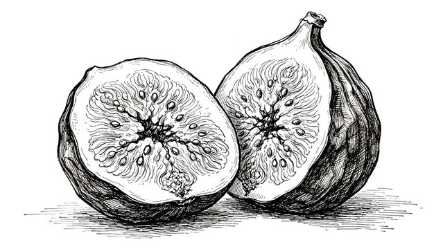 Sliced fig fruit, black ink hand drawn sketch illustration