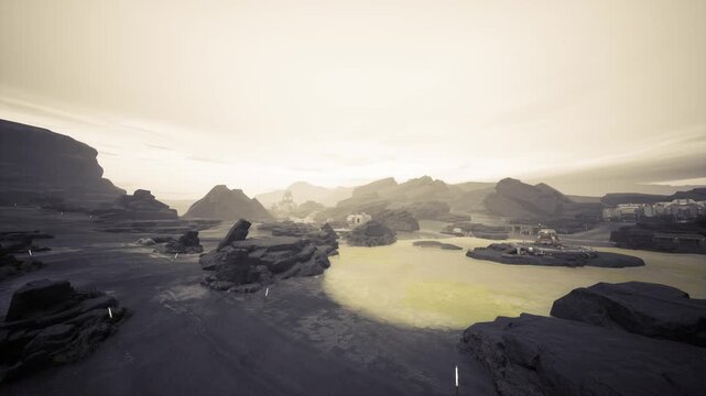 sepia rocky desert with lagoon, dramatic golden sunrise lighting over textured basalt formations and shallow green pools, wide aerial panorama capturing rugged