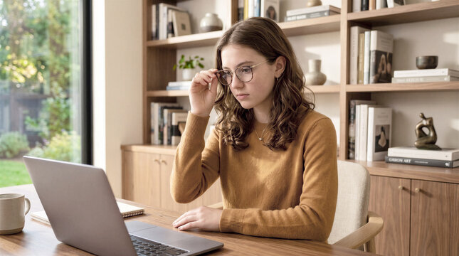 Young woman studying online, attending a webinar or having an interview at a laptop