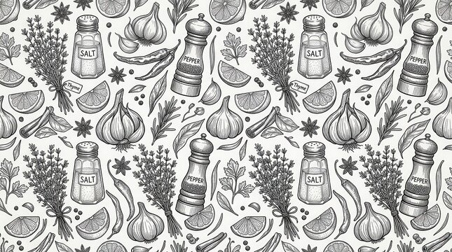 Seamless pattern of hand drawn kitchen herbs and spices with garlic, chili, salt shaker, pepper mill, and thyme in vintage style.
