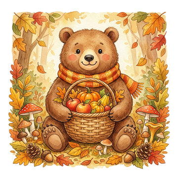 Woodland Autumn Watercolor Bear