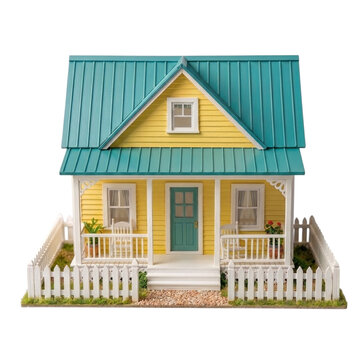 Cute yellow house model with green roof and white picket fence 3d render