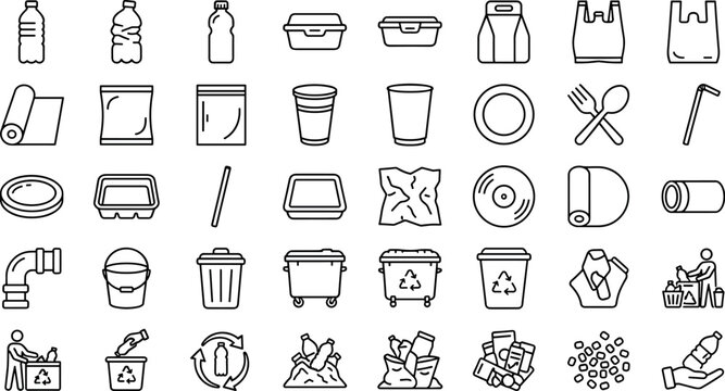 Plastic waste recycling icon set with eco pollution management symbols outline vectorPlastic waste recycling icon set with eco pollution management symbols outline vector