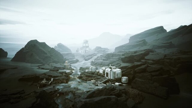 aerial misty mountain valley settlement cinematic drone shot showing remote industrial complex and clustered buildings by winding river and reservoir, fog