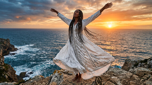 Femme en robe blanche c&eacute;l&eacute;brant la libert&eacute; face &agrave; l&rsquo;oc&eacute;an au coucher du soleil