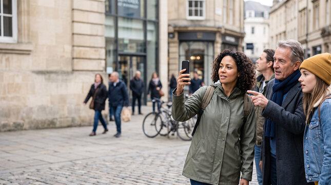 Groupe de touristes utilisant un smartphone pour s&rsquo;orienter dans une ville
