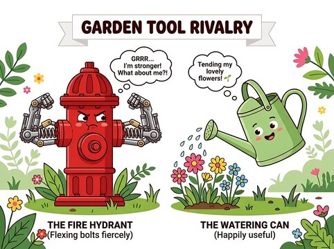 Cute cartoon fire hydrant and watering can in garden rivalry scene vector illustration
