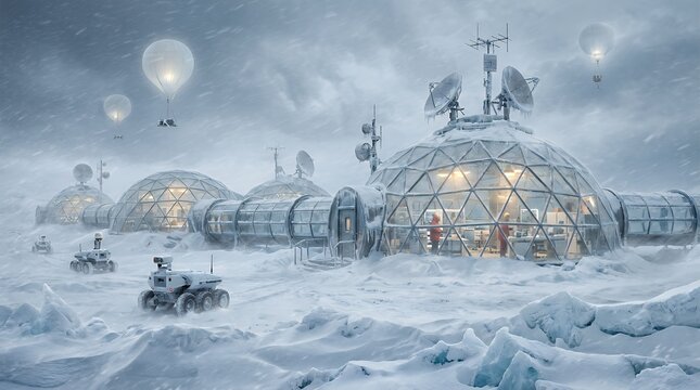 Futuristic arctic space base with geodesic domes and hot air balloons in a snowy landscape