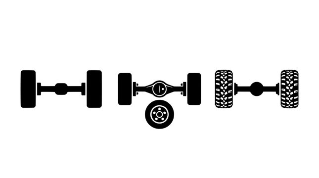 Set of vehicle axle icons with wheels showing different tread patterns and mechanical assemblies in black silhouette