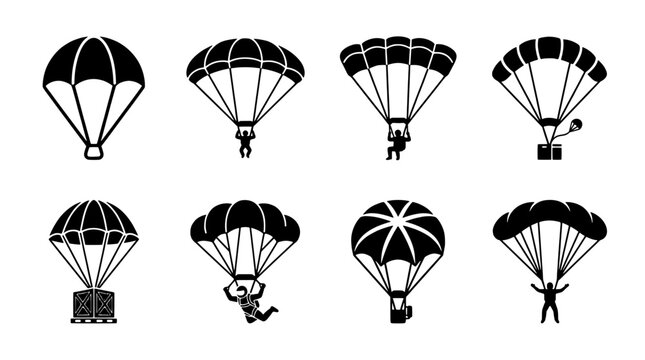 Set of black silhouette parachute icons featuring skydivers and cargo delivery parachutes isolated on white background