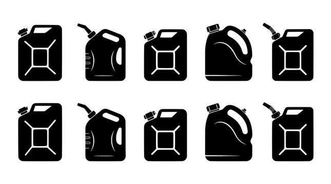 Set of jerrycan icons, plastic fuel containers and gasoline canisters in black silhouette style