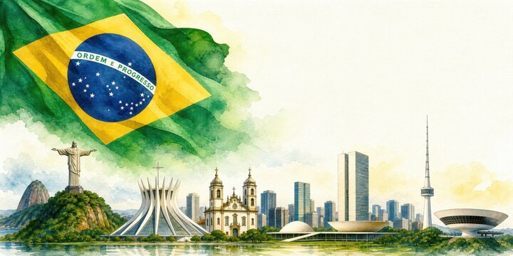Flag of brazil with famous brazil landmarks in watercolor style.