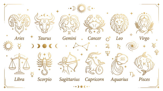 Golden Zodiac Constellations: A celestial collection of golden line art representing the twelve zodiac signs and astrological symbols.