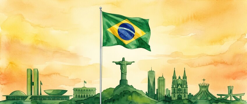 Watercolor illustration of flag of brazil and famous monuments.