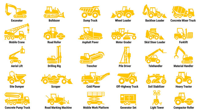 Construction Equipment Collection: A vibrant yellow collage showcasing a diverse array of heavy machinery essential for construction projects, from excavators to cranes and dump trucks.