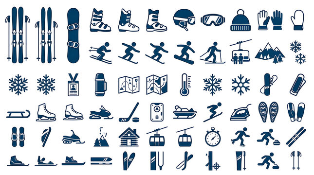 Winter Sports Icons Collection: A comprehensive array of graphic icons representing various winter sports activities and equipment, perfect for design projects.
