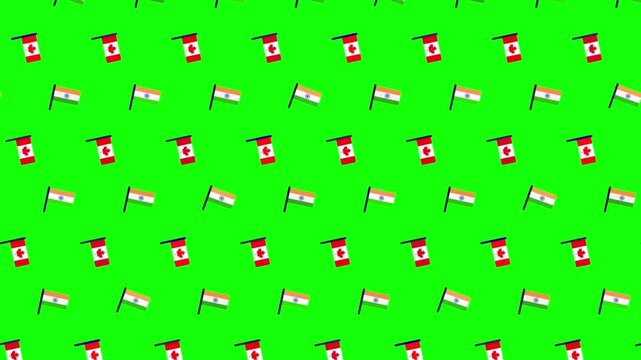 Animated diagonal pattern of Canada and India flags on a green screen, seamless loop, multicultural theme.