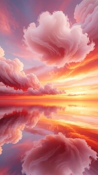 Abstract sunset landscape with soft pink clouds floating above calm red gold water. Dreamy sky reflects on sea surface during golden hour. Ethereal background features colorful clouds, bright sun