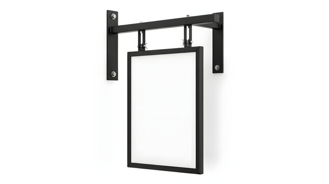 Blank vertical hanging shop sign mockup with black metal bracket on white background.