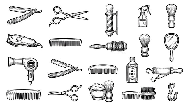 Barbershop Essentials Collection: A vintage illustration showcasing a comprehensive array of tools and supplies essential for a classic barbershop experience.