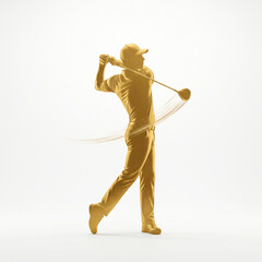 Fototapeta premium Golden silhouette of a golfer completing a swing motion on an isolated white background, abstract minimalistic sports illustration of power and movement