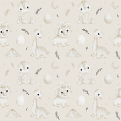 Cute baby dinosaurs watercolor seamless pattern. Beige nursery digital paper with sweet little dino characters, volcano, and eggs. © Tetiana Kravchenko