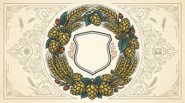 Vintage beer label design with a central shield surrounded by hops and wheat ears