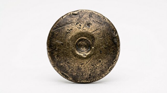Old weathered textured metal round artifact object isolated on a white background.