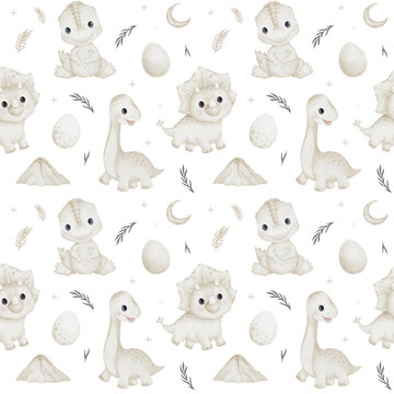 Cute baby dinosaurs watercolor seamless pattern. White nursery digital paper with sweet little dino characters, volcano, and eggs.