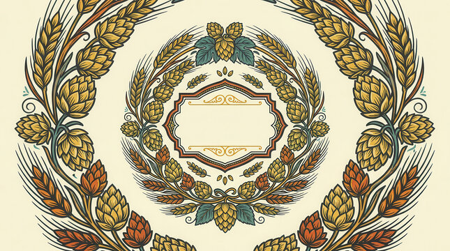 Decorative vintage frame featuring hand drawn wheat ears and hop cones for beer label design