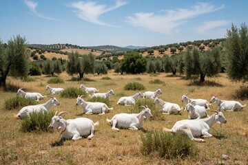 Fototapeta premium Herd of white Andalusian goats lies on Mediterranean pasture near olive trees. Animals rest peacefully under a clear blue sky on a sunny day.